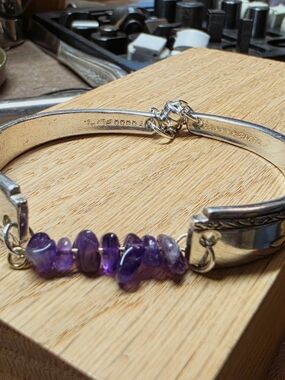 Amethyst Chip Bead Silverplate Spoon Bracelet - VINTAGE